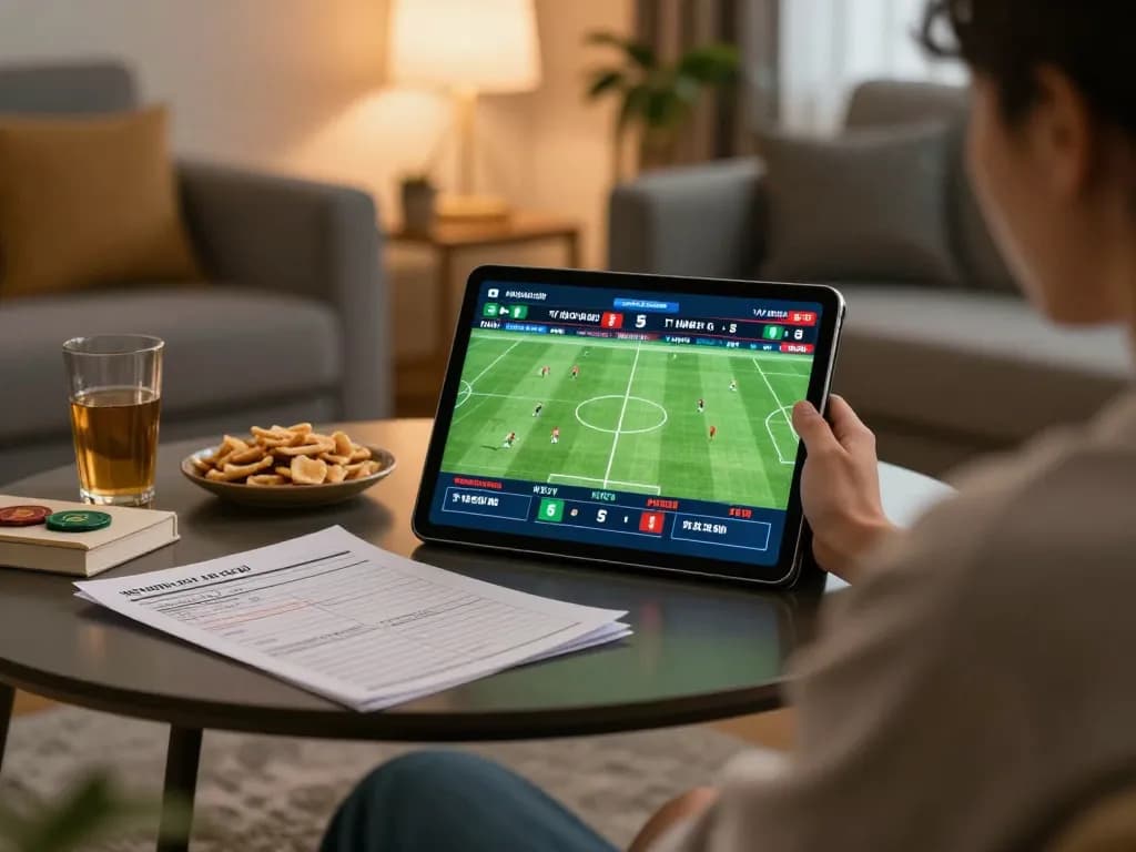 Tỷ lệ kèo nhà cái 5 displayed on tablet during strategic online sports betting in a cozy living room.