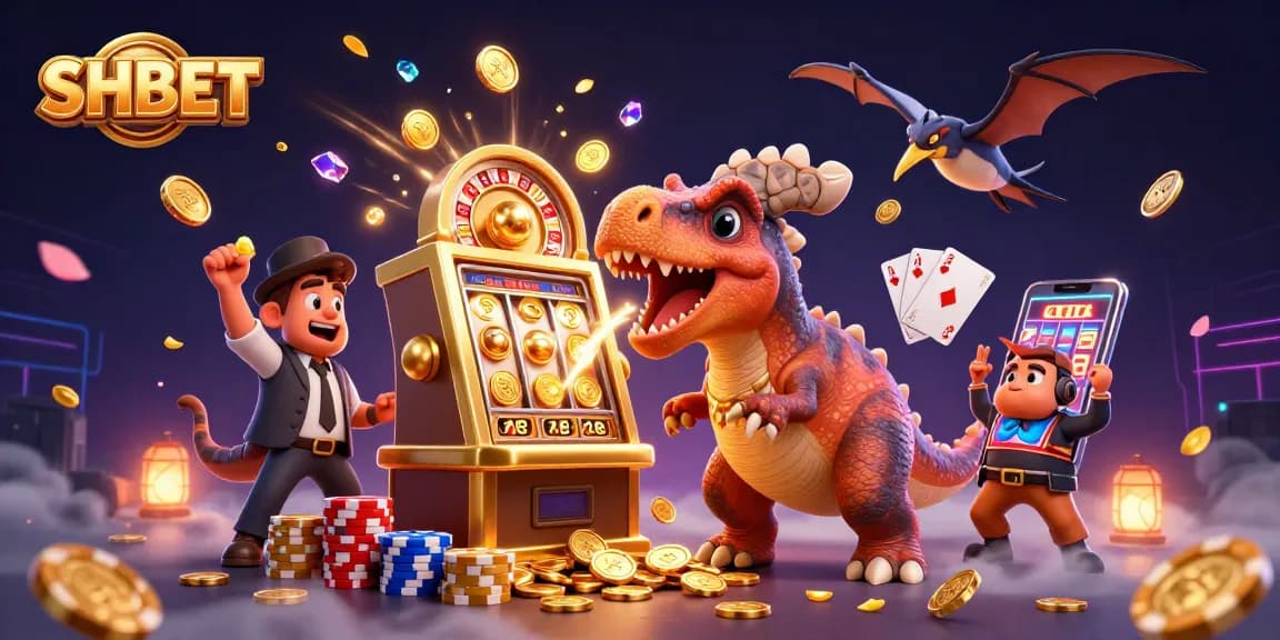 SHBET wins with a jackpot slot scene featuring cartoon dinosaurs in a vibrant casino.