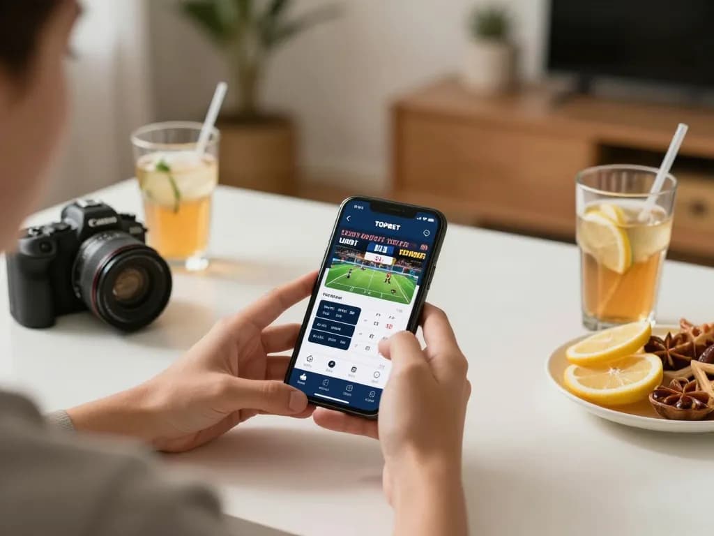 Engaging with TOPBET mobile app for live sports betting, featuring dynamic betting action.
