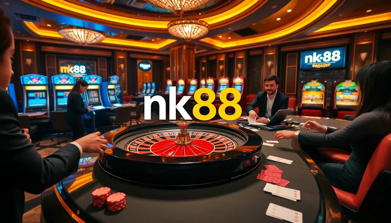 Nk88 players enjoying a thrilling casino experience at a roulette table with vibrant atmosphere.