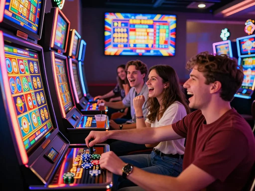 Exciting Lucky 88 slot machine action with players celebrating a jackpot win in a vibrant casino atmosphere.