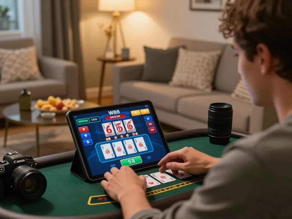 Player engaged in live dealer game on W88 tablet, showcasing online casino excitement.