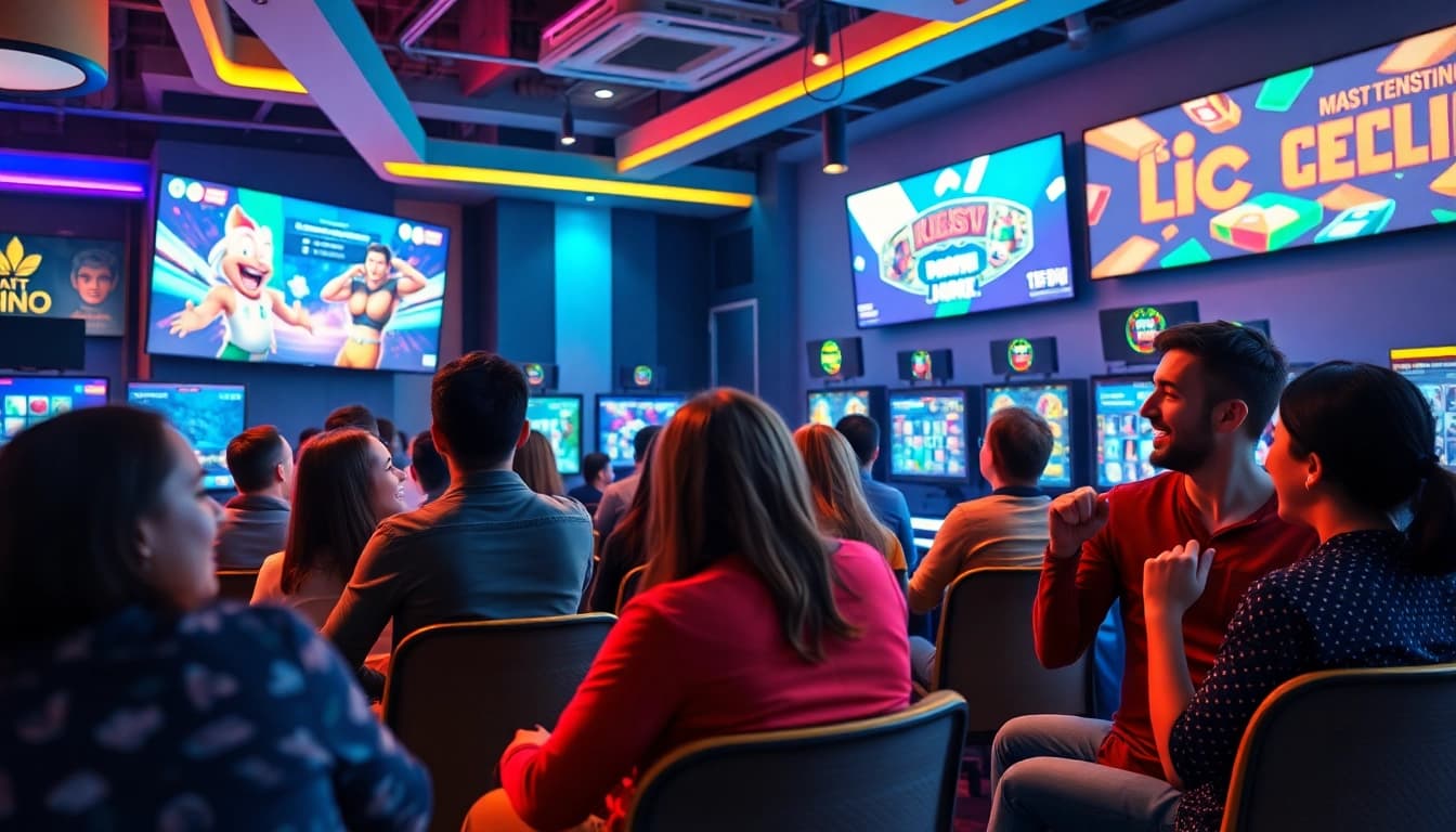Engaged players at https://kjc.football/ enjoying a vibrant online gaming environment with dynamic lighting and high-tech screens.