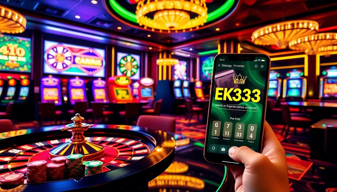 EK333 app displayed on a smartphone amidst colorful casino elements, inviting gamers.