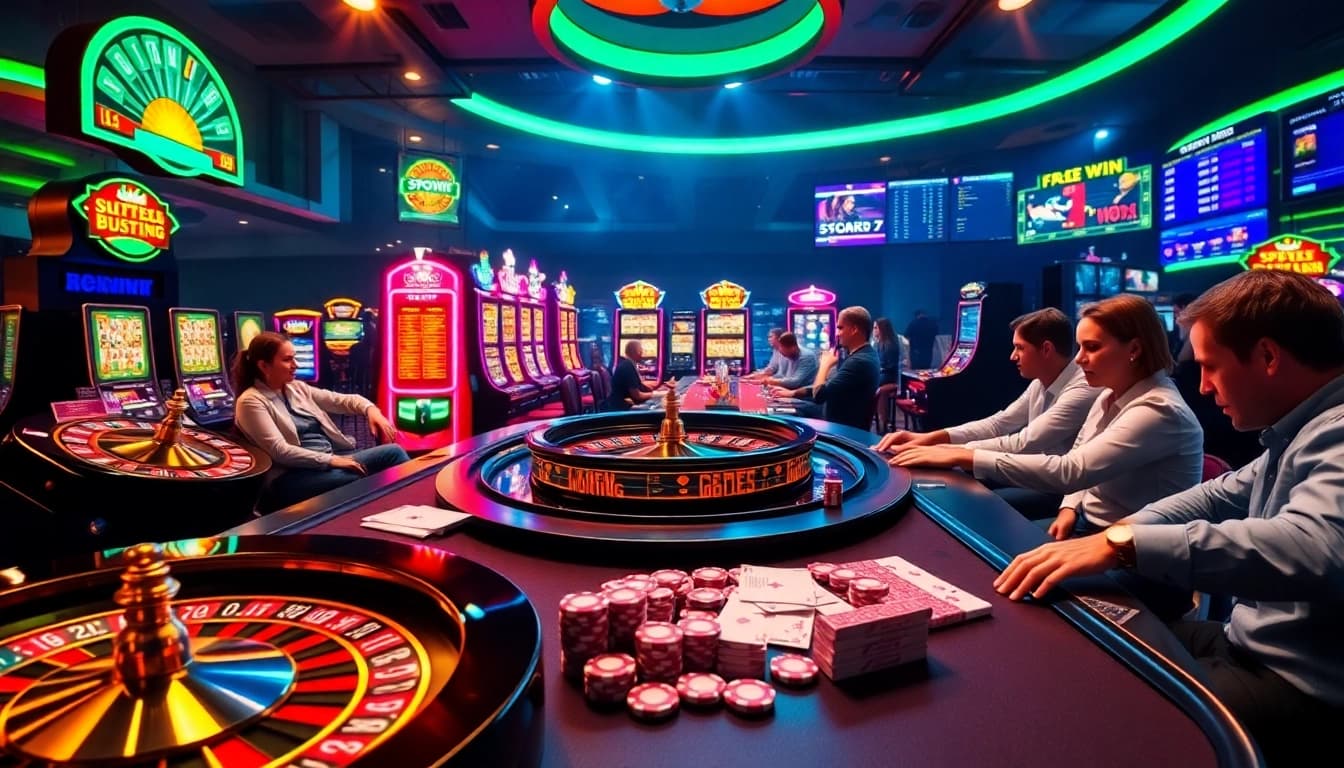 Engaging players experiencing the thrill of online gambling at 555win casino with neon lights and modern gaming.