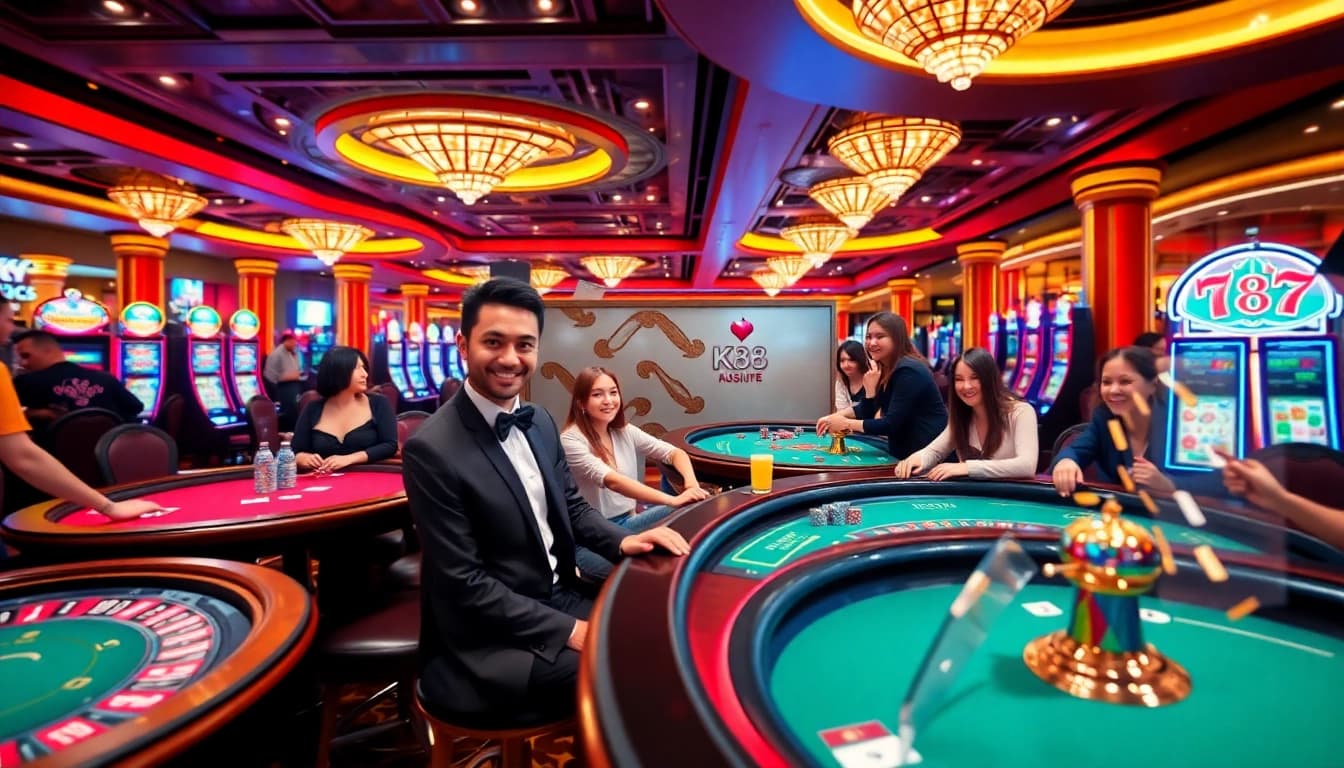 Experience the thrilling atmosphere of K88 casino with vibrant gaming tables and excited players.