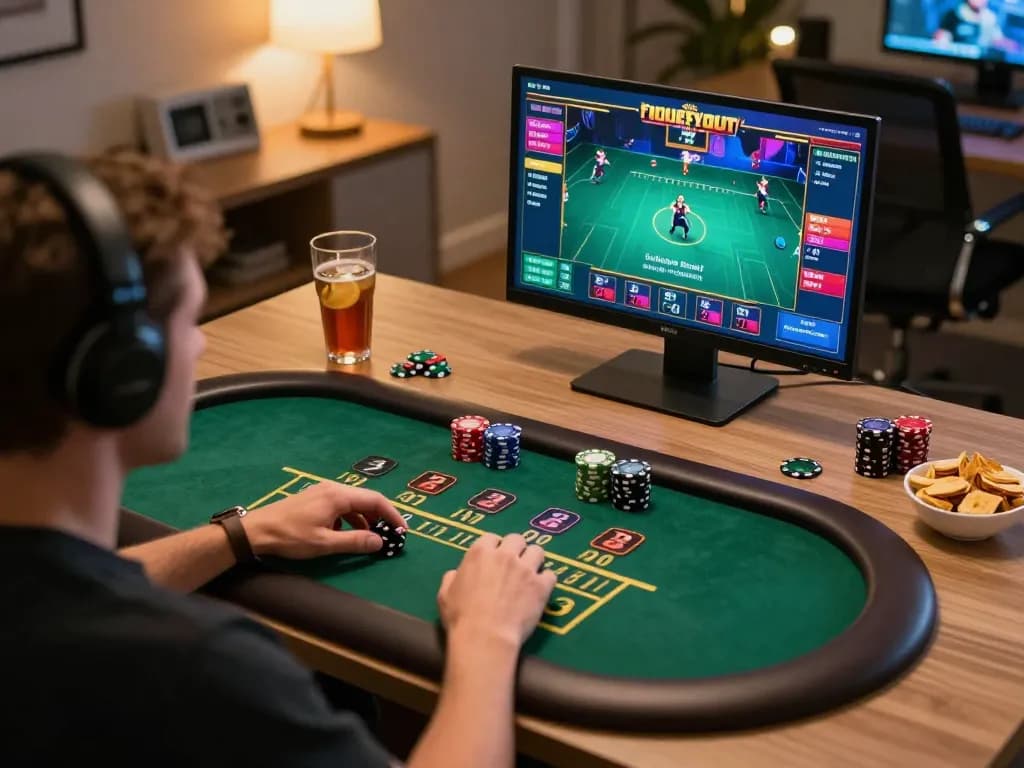 Player enjoying live dealer blackjack on 777VIP in a modern home setup with snacks and drinks