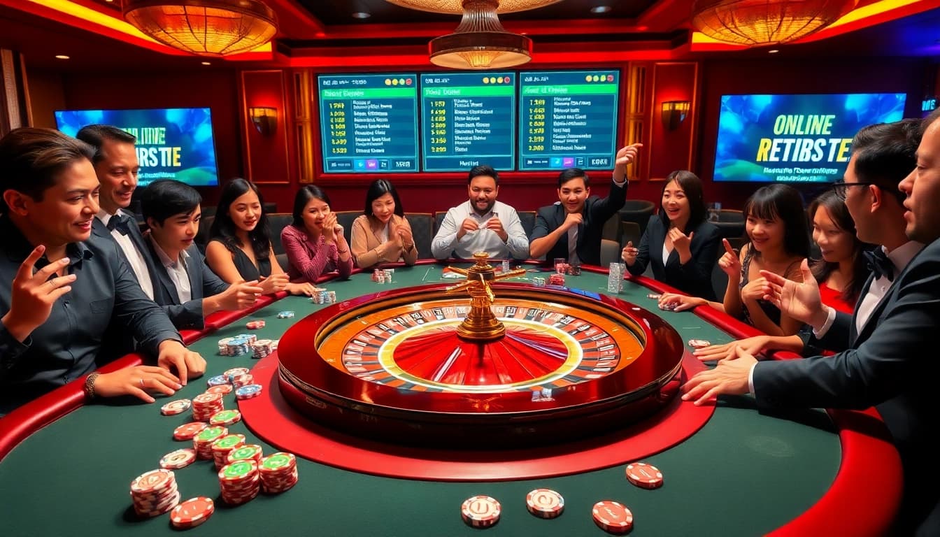 Players enjoying a thrilling game at the Go88 casino table featuring poker chips and cards.