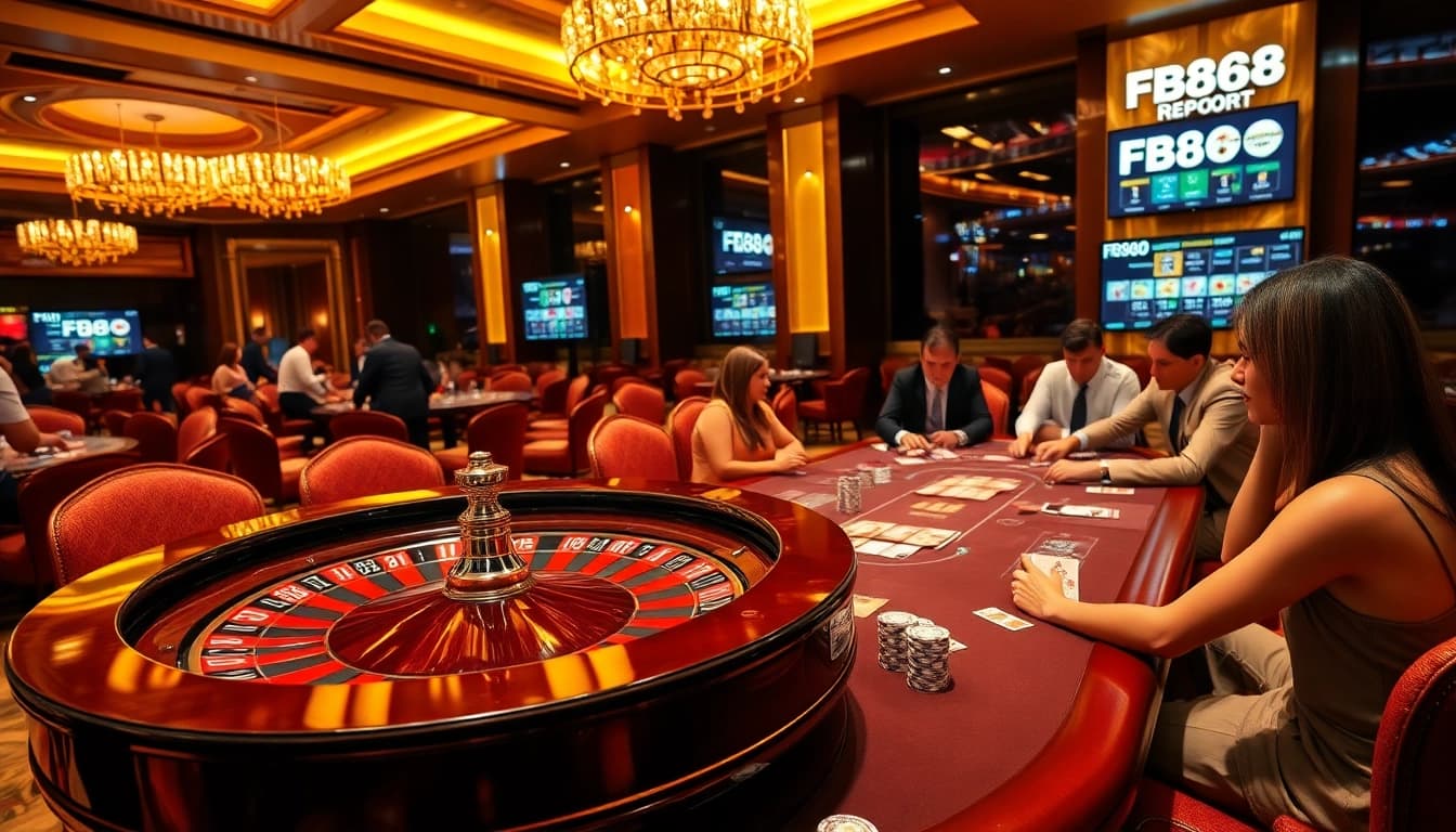 Experience thrilling games at https://fb88.report/ with a luxurious casino atmosphere showcasing poker and roulette.