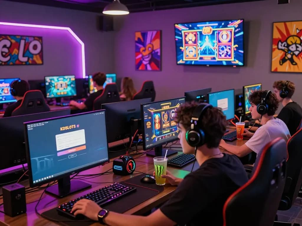 Exciting gaming scene featuring KDSLOTS login interface, players enjoying immersive online slots.