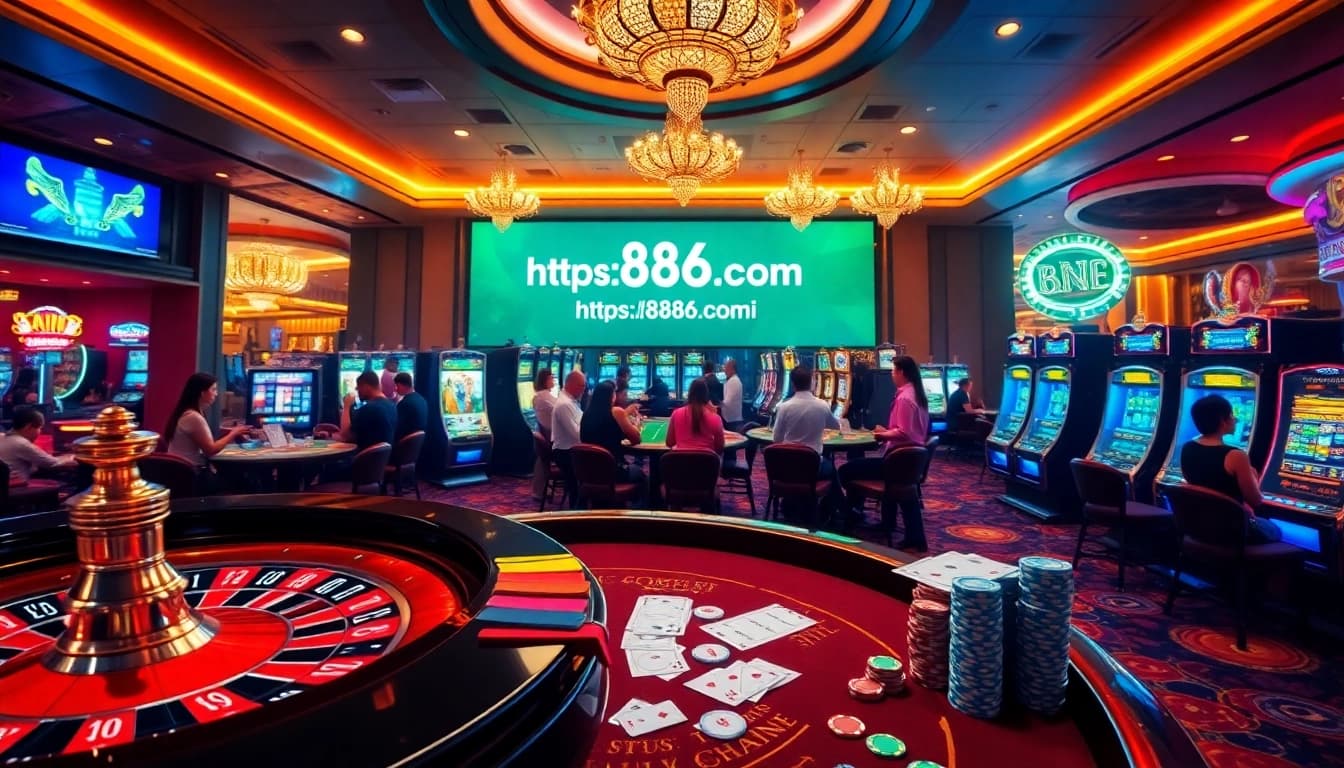 Experience the lively atmosphere of gambling at https://8s86.com/ featuring colorful poker chips and vibrant casino tables.