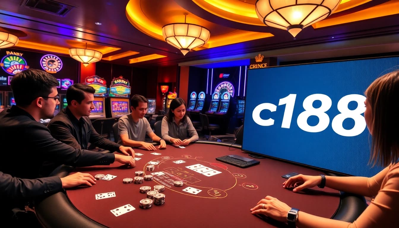 C168 đăng ký provides an exciting glimpse into a high-end casino with players at a blackjack table.