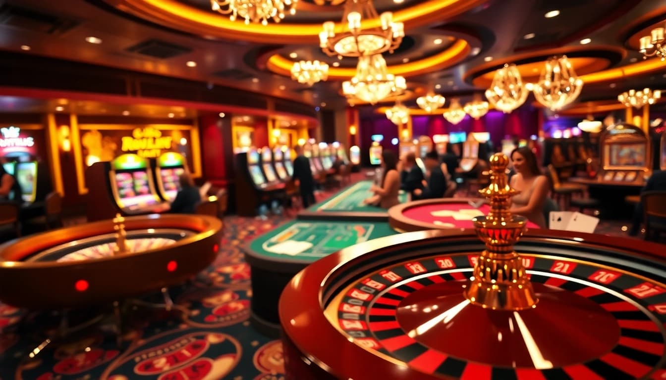 Experience the thrill of winning at 33WIN with vibrant casino tables and spinning roulette wheels.