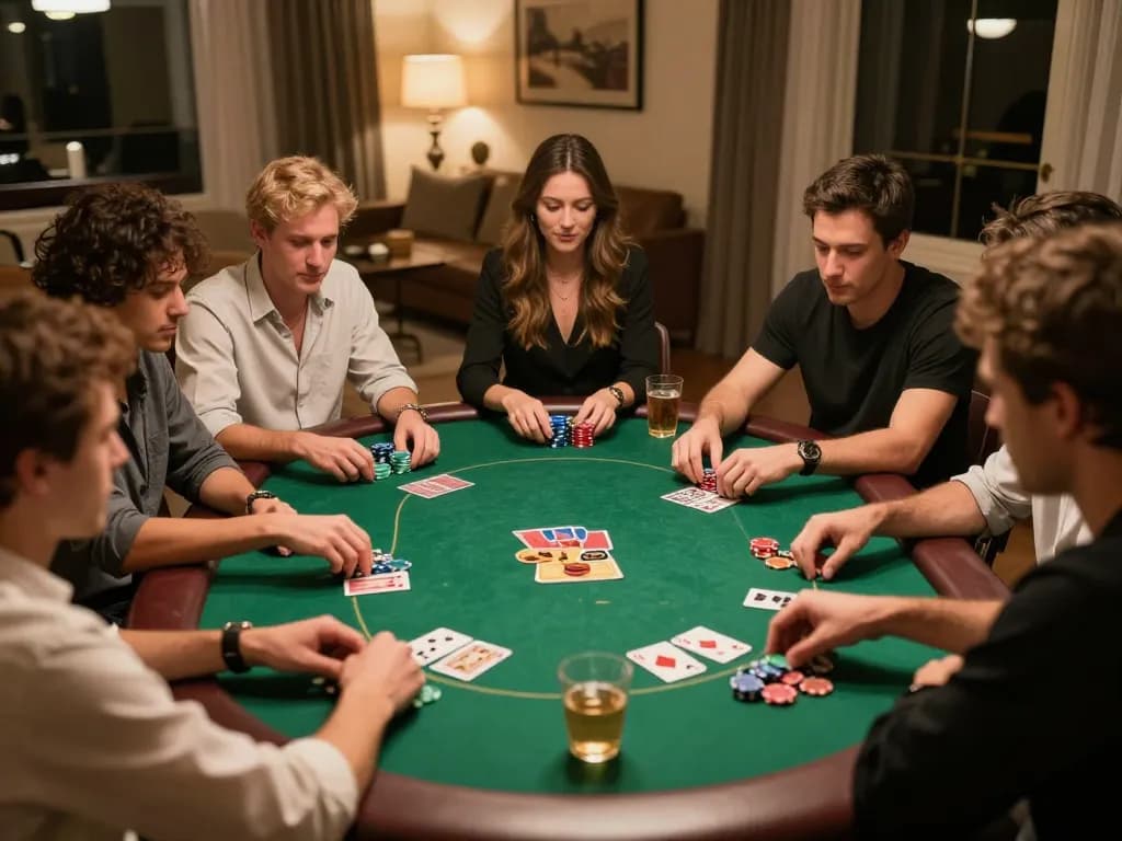 Friends enjoying a competitive poker night at home, highlighting tip88 gaming strategies.