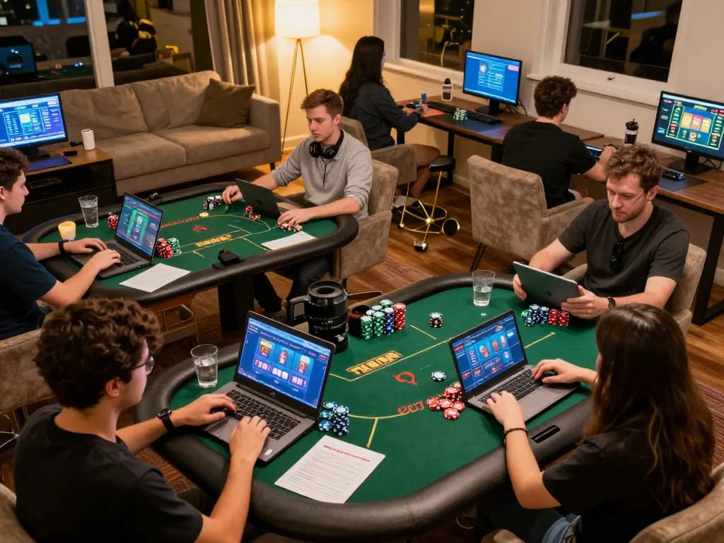 SUNWIN players enjoying immersive gaming experience on laptops and tablets in a cozy setting, showcasing strategic gameplay.