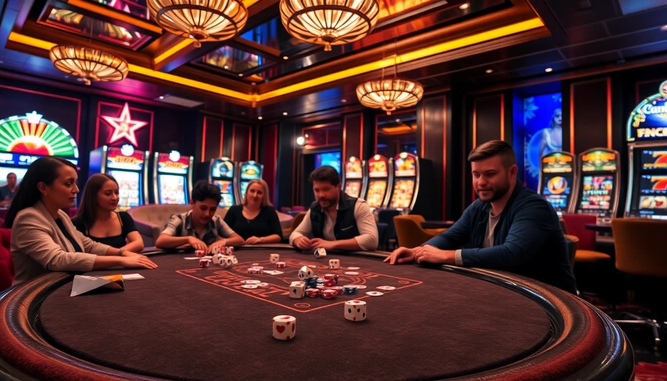 Feel the excitement at cucu777 as players strategize over poker tables in a luxurious casino.