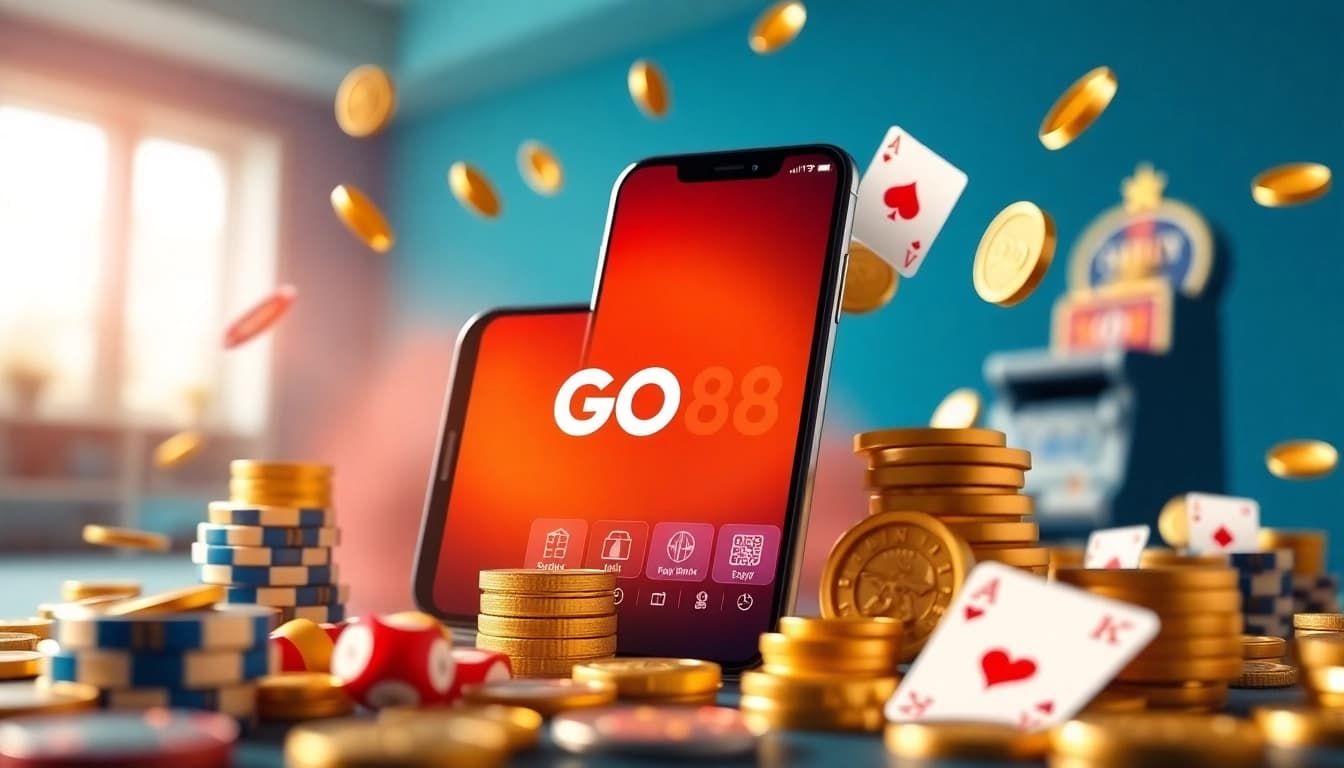 Dynamic scene showcasing the GO88 mobile gaming app with poker and slot symbols, creating an exciting atmosphere.
