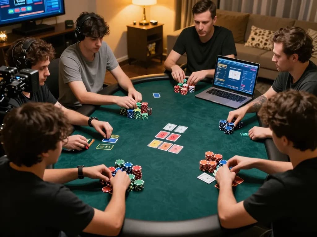 Online players engaging with a No Deposit Bonus during an intense poker game at home