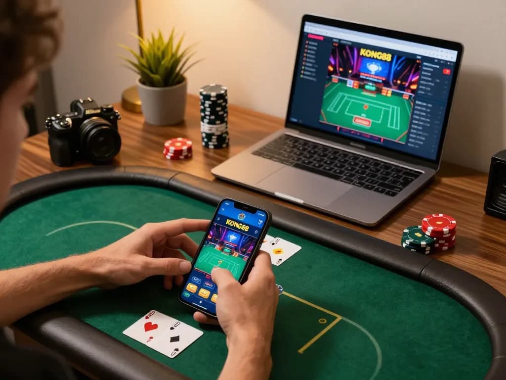 KONG88 player enjoying poker on mobile device in a cozy home setting with stylish decor