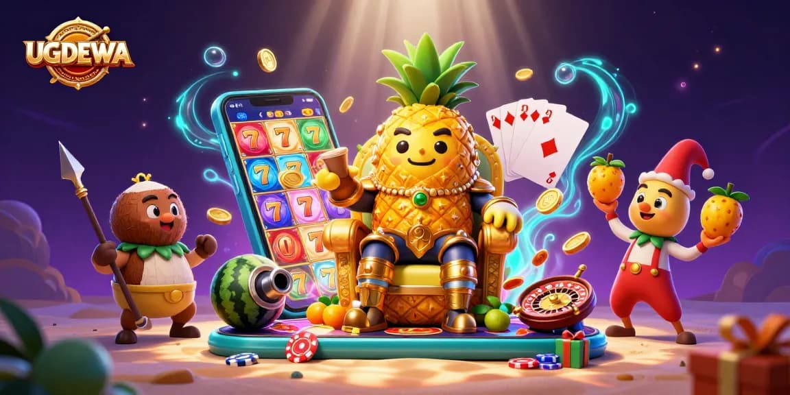 Play games with UGDEWA as the golden pineapple king leads a vibrant, magical casino scene.