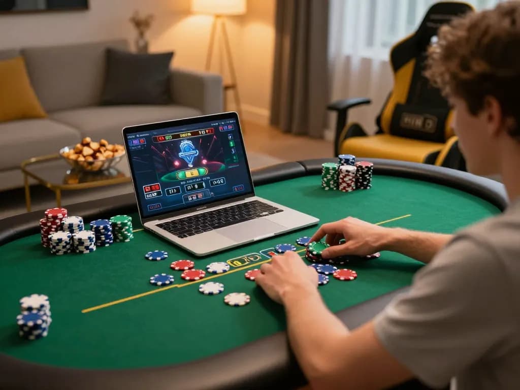 Terlibat dalam permainan poker langsung di laptop dengan elemen permainan telepathywear di pengaturan yang stylish