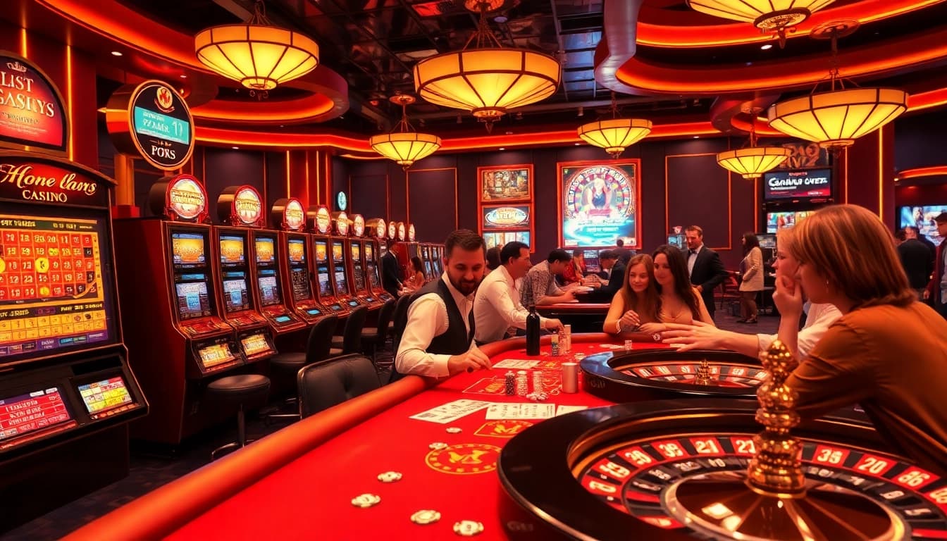 Leci123 players engaging in a thrilling casino game with vibrant slot machines and roulette wheels.
