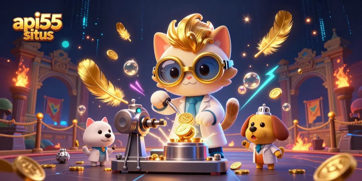 Experience excitement with api55 situs as the mad scientist cat creates a jackpot with golden coins.