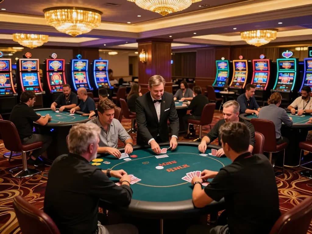 Players enjoy an exciting game at luck8 casino, showcasing vibrant atmosphere and thrilling poker action.