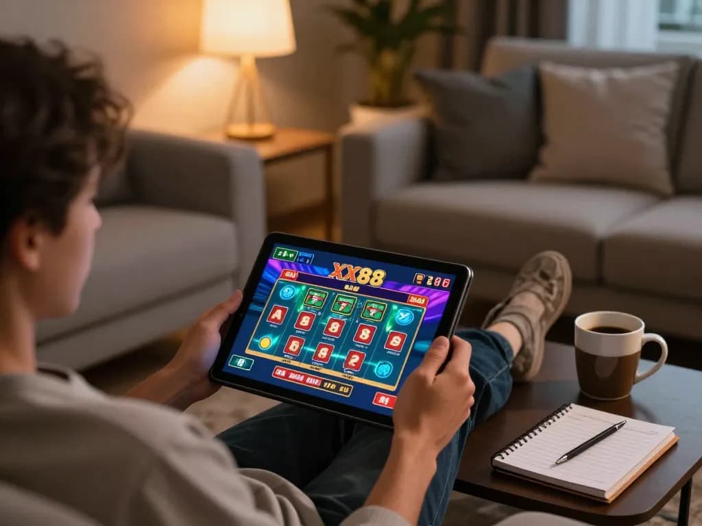 Experience the excitement of online gambling with XX88 in a cozy home setting, playing on a tablet.