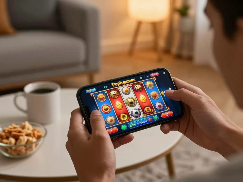 Mainkan permainan slot yang menarik di aplikasi pupisgames, dengan gulungan yang cerah dan suasana rumah yang hangat.
