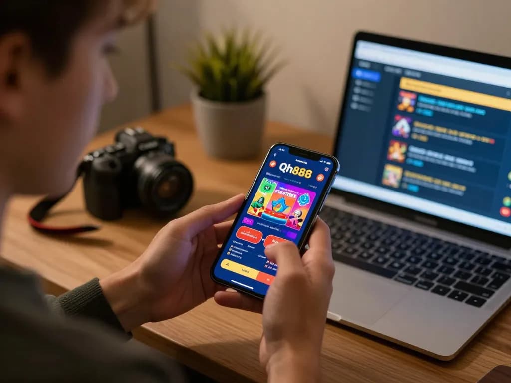 Engaged player using Qh888 casino app on smartphone in cozy home setting, smartphone illuminating focused expression.