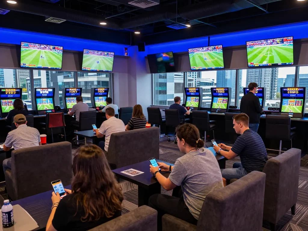 Bsport mobile users placing bets during a live sports event in a vibrant sports lounge atmosphere.