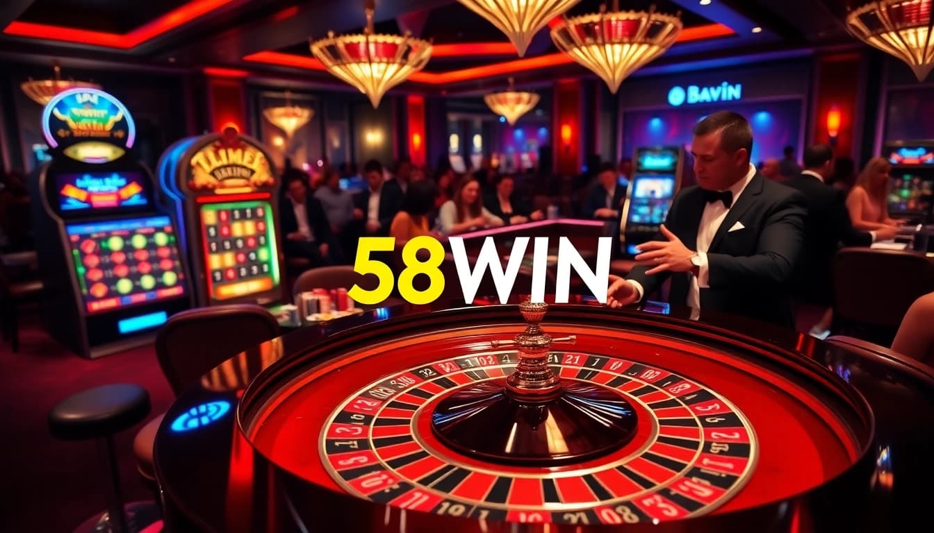 Experience thrilling gameplay at 58WIN's luxurious casino featuring roulette and slot machines.