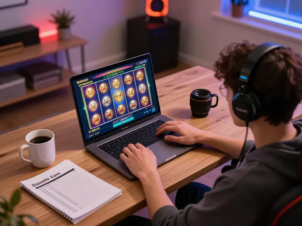 Engaging in kdslots gameplay on a laptop at home, showcasing an organized gaming setup with notes.