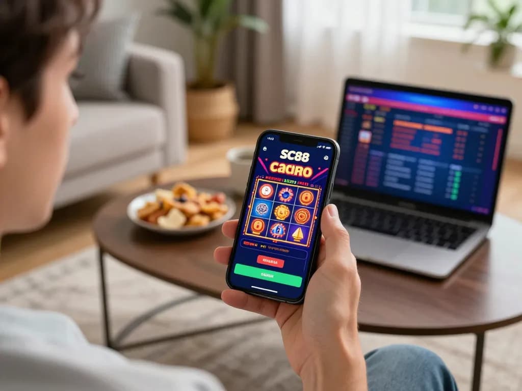 Engaging gameplay with the SC88 app on smartphone in a cozy living room, depicting online gambling.