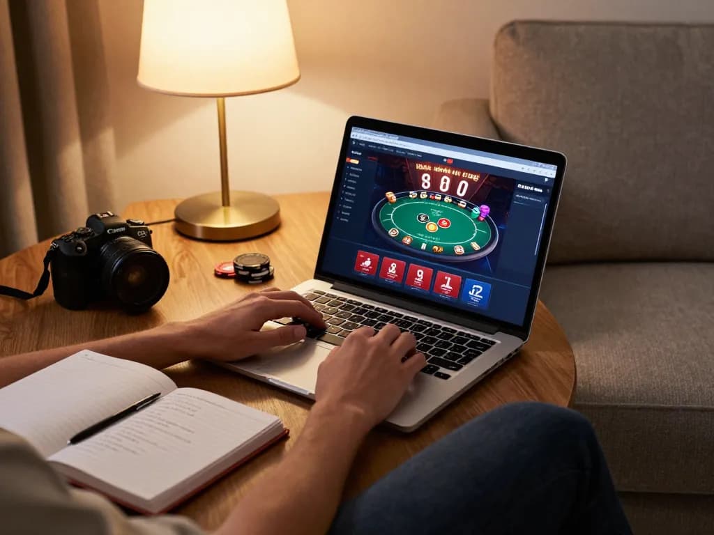 Player engaging with LV88 online casino on laptop, studying strategies and gameplay