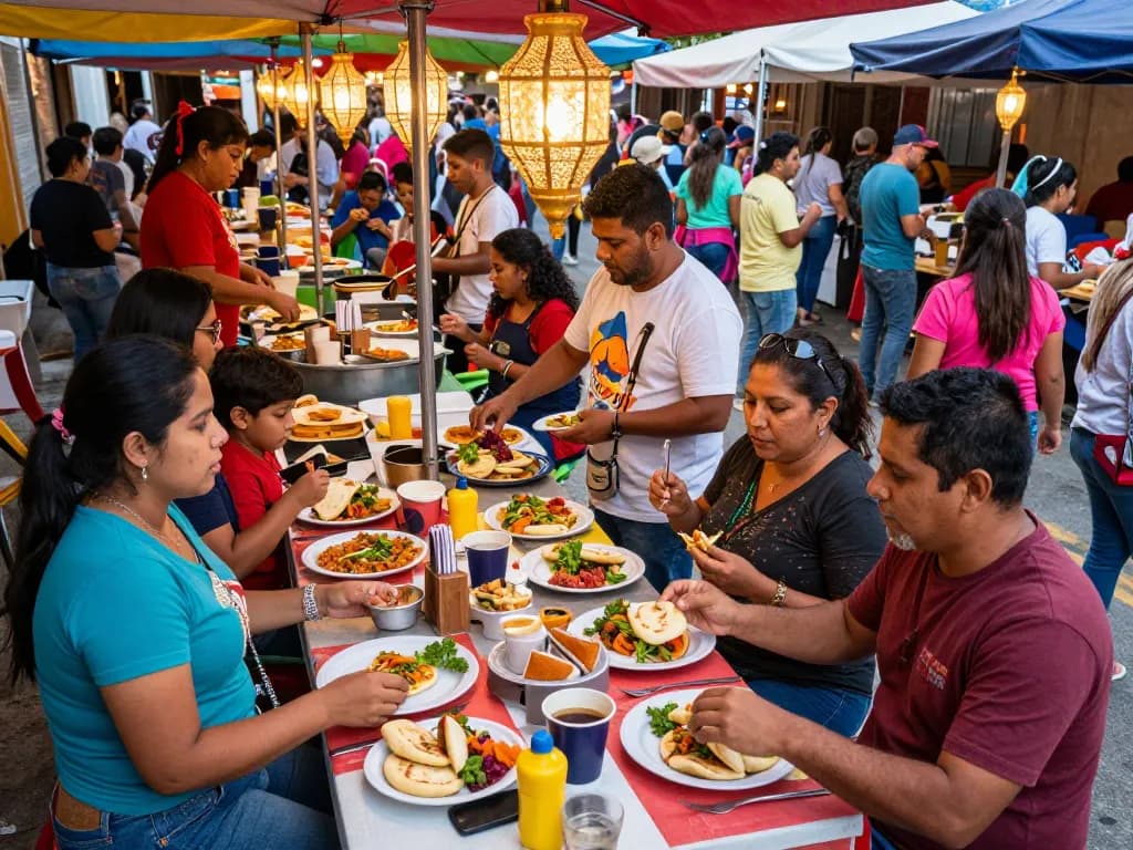 Enjoying fresh arepas at PLANET88, a vibrant Colombian street food festival showcasing local cuisine