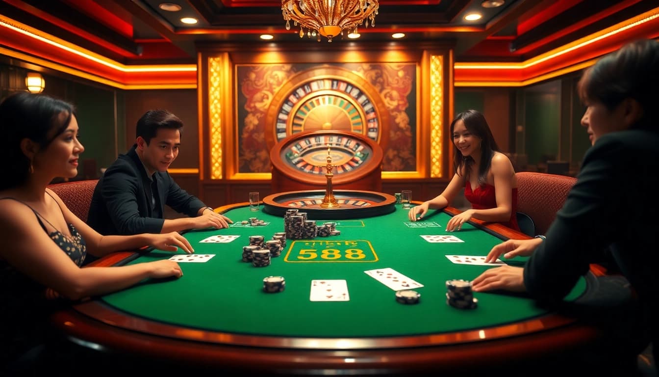 Experience the thrill of HB88 at a luxurious casino poker table surrounded by vibrant colors and elegant decor.