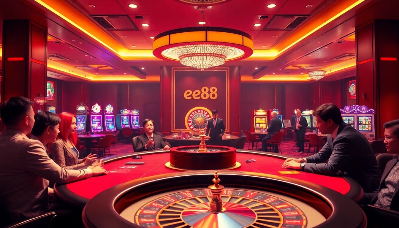 Experience the thrill of ee88 at a luxurious casino with elegant poker games and vibrant slot machines.