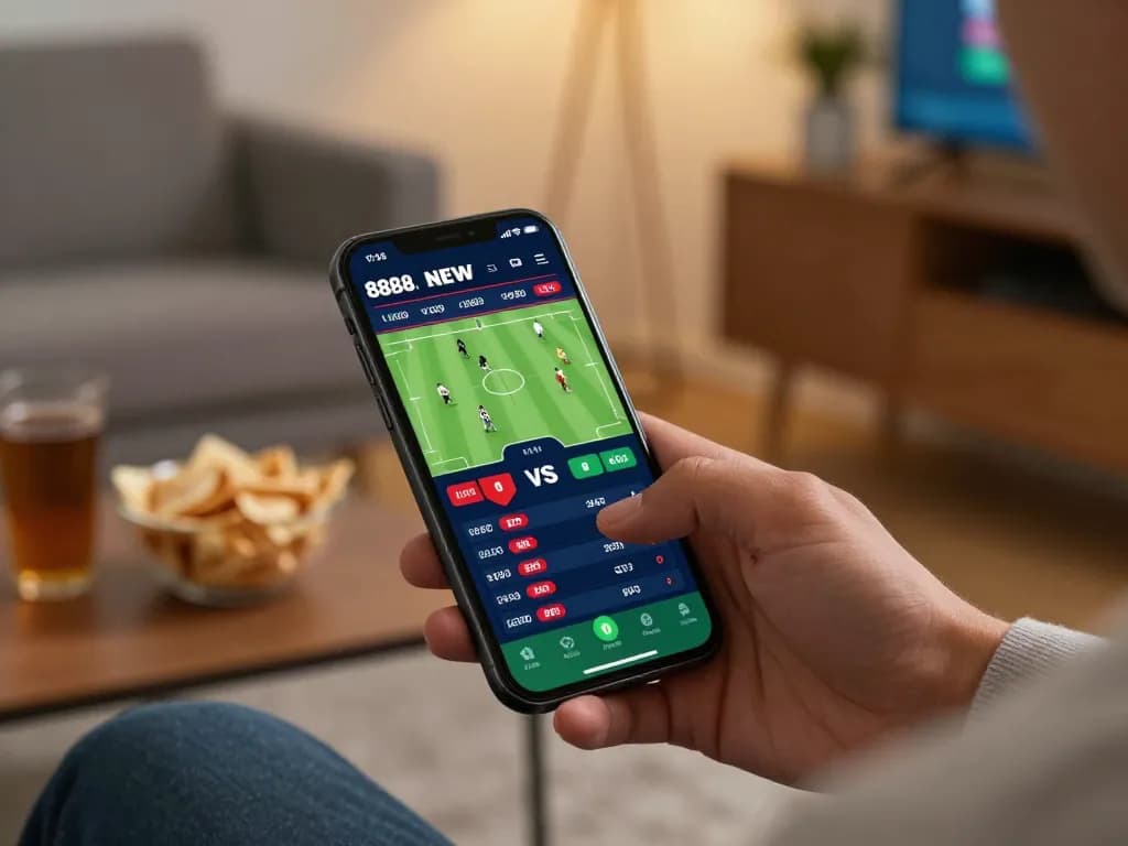 Engaged player using 888NEW mobile app for live sports betting in a cozy home atmosphere.