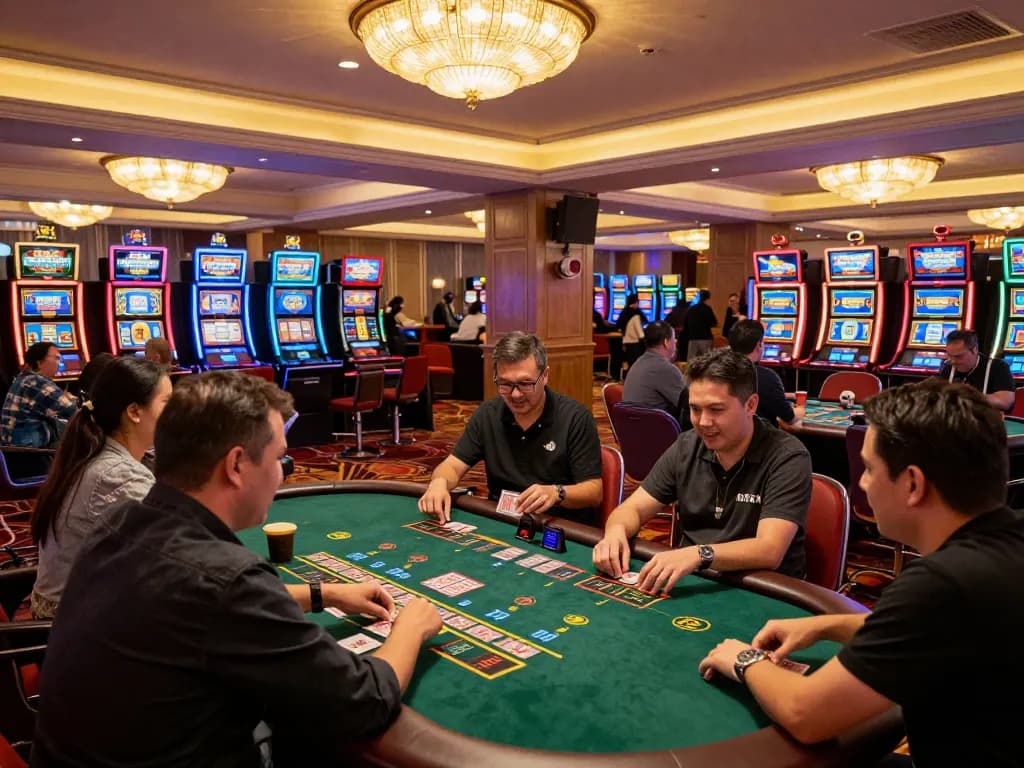 Toto8 link alternatif displayed on smartphone while a player strategizes at a blackjack table in a vibrant casino.