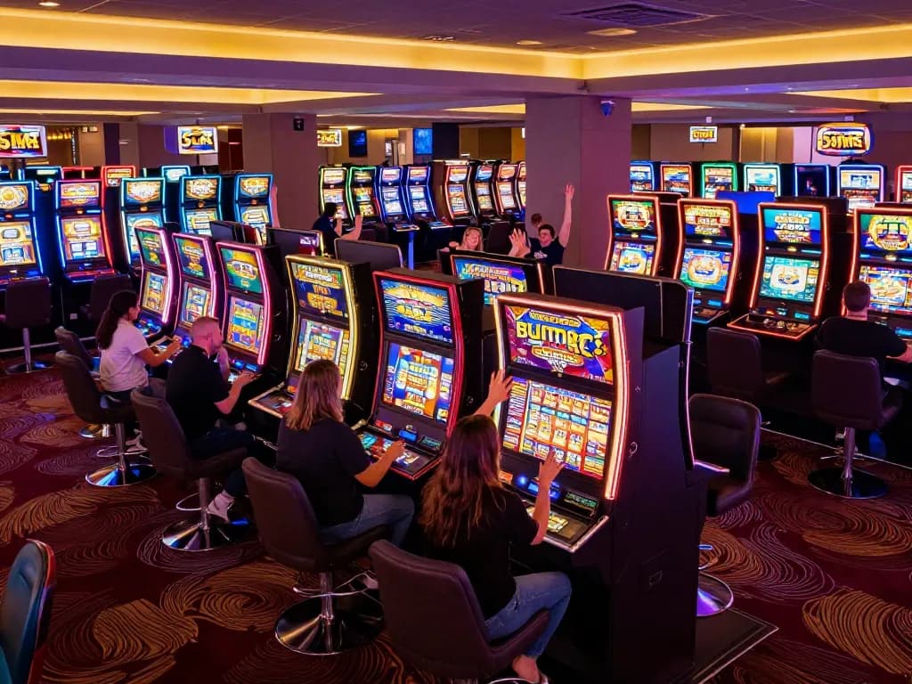 Players enjoy thrilling slot machine games in a vibrant casino atmosphere with colorful lights.