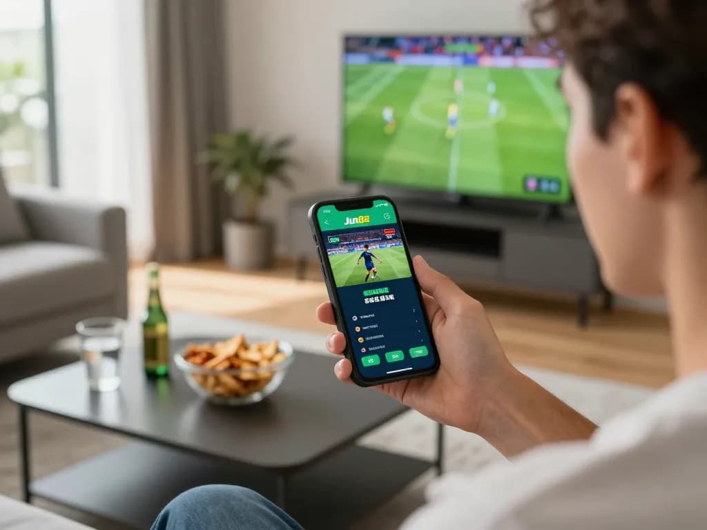 Betting on sports using the Jun88 app while enjoying a live match in a cozy setting.