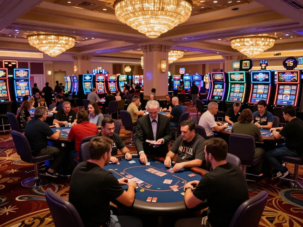 kp88 gaming action with players at poker tables in a vibrant Las Vegas casino atmosphere