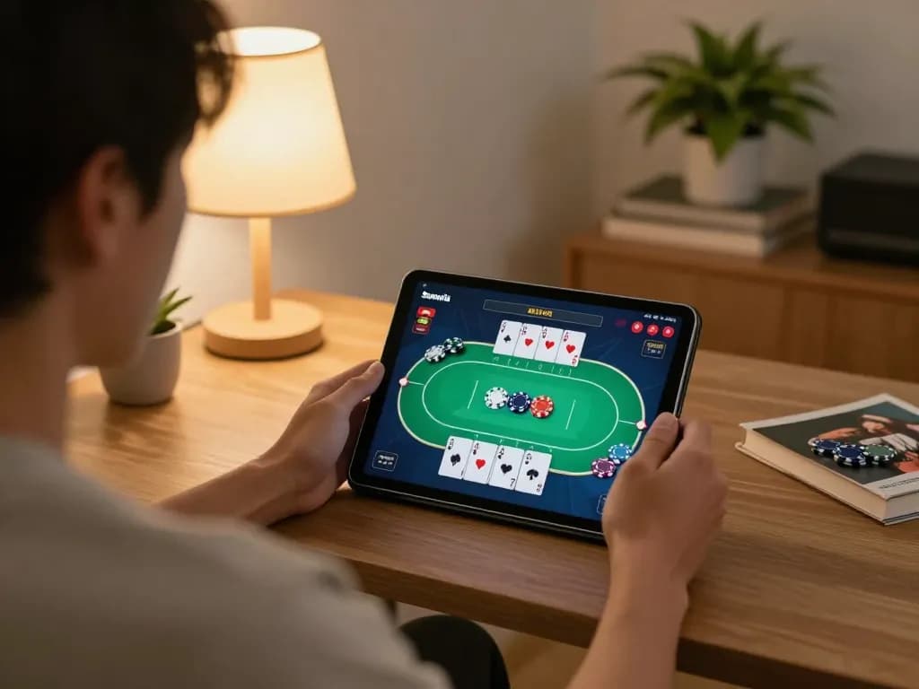 Person enjoying a Sunwin poker game on a tablet at home, showcasing relaxed online gaming