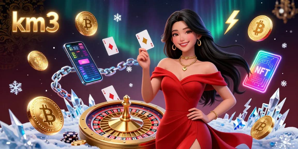Experience the excitement of km3 in this vibrant casino scene with a beautiful dealer and glowing crypto elements.
