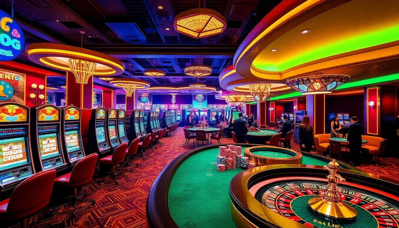 SODO casino floor with elegant tables, vibrant lights, and engaged players celebrating a winning hand.