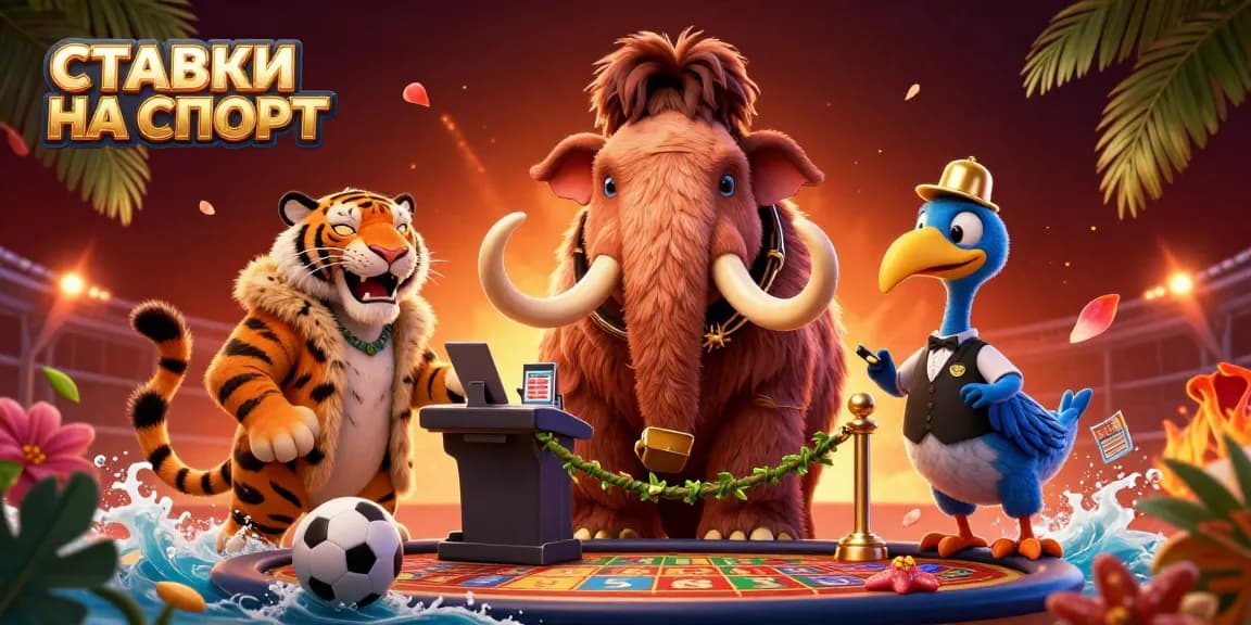 Experience ставки на спорт with dynamic illustration of a woolly mammoth bouncer, saber-tooth VIP, and sports elements.