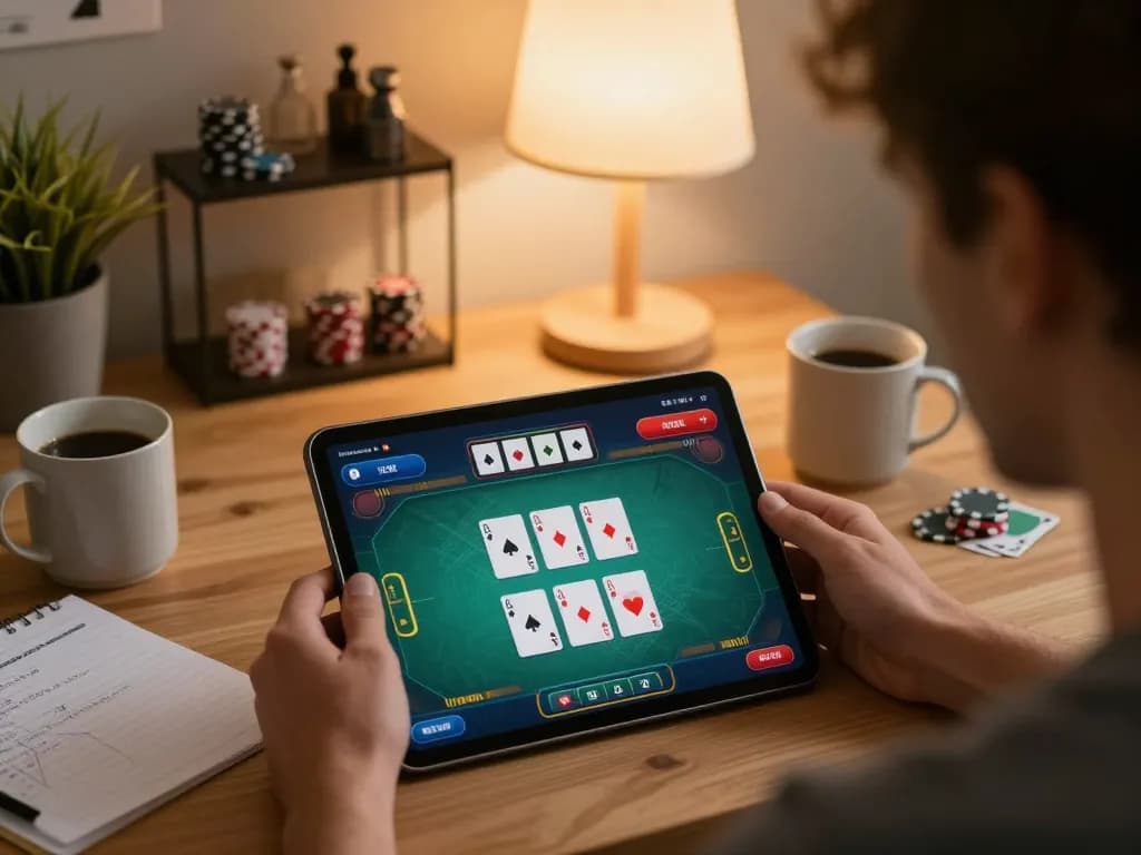 Player engaging in strategic online poker on tablet at home, showcasing TR88 environment and gameplay