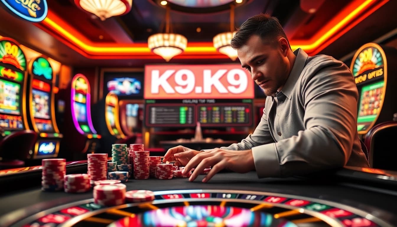 K9K9 online gaming interface surrounded by vibrant casino elements, showcasing excitement and luxury.